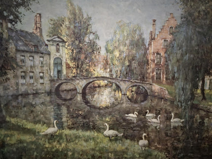 Antique Belgian Watercolor Bruges Canal Scene, Signed Flanders Cityscape, Swans and Stone Bridge, Framed European Wall Art, Original Artwork