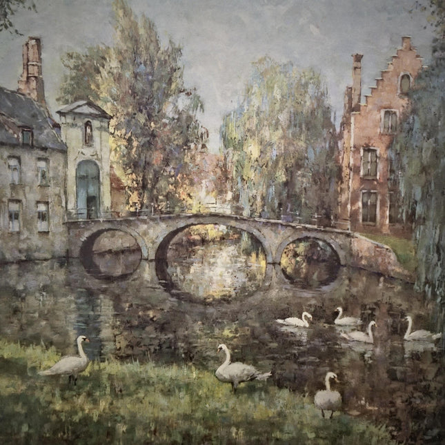 Antique Belgian Watercolor Bruges Canal Scene, Signed Flanders Cityscape, Swans and Stone Bridge, Framed European Wall Art, Original Artwork