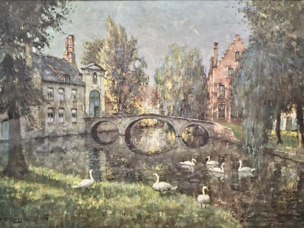 Antique Belgian Watercolor Bruges Canal Scene, Signed Flanders Cityscape, Swans and Stone Bridge, Framed European Wall Art, Original Artwork