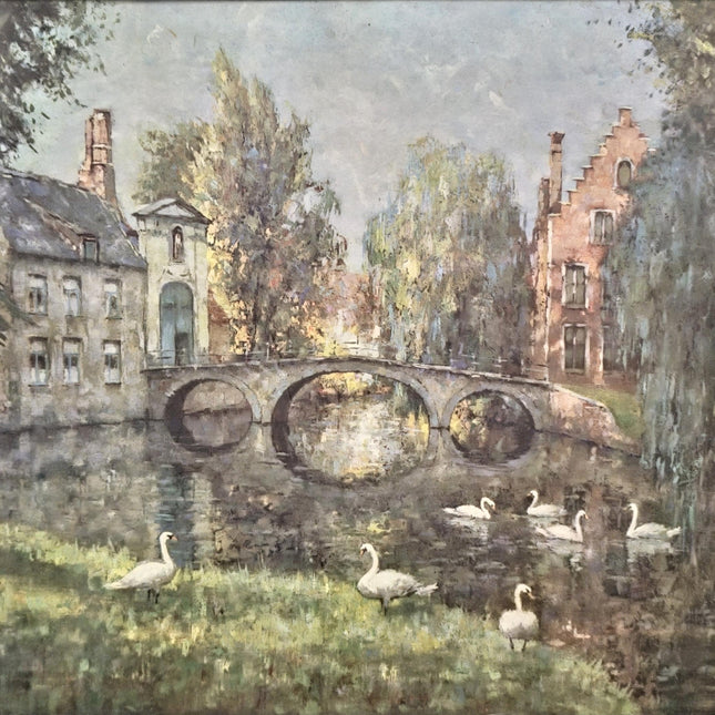 Antique Belgian Watercolor Bruges Canal Scene, Signed Flanders Cityscape, Swans and Stone Bridge, Framed European Wall Art, Original Artwork
