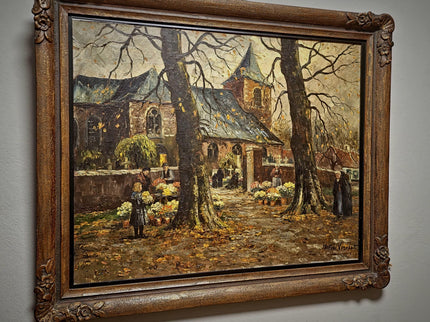 Large Antique Dutch Autumn Village Oil Painting, Rural Landscape Artwork, Signed Market Scene with Church, Original Framed European Wall Art