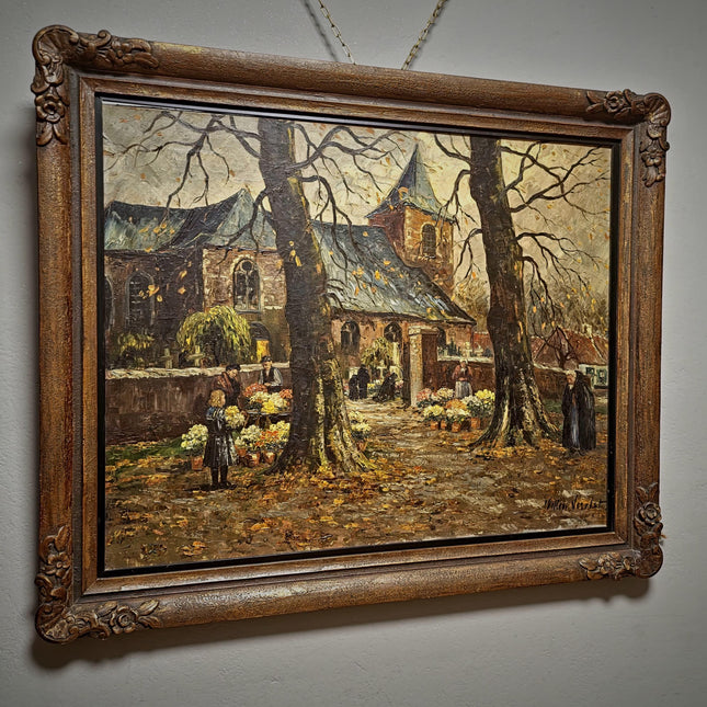 Large Antique Dutch Autumn Village Oil Painting, Rural Landscape Artwork, Signed Market Scene with Church, Original Framed European Wall Art