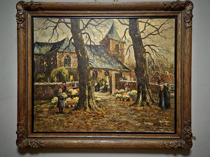 Large Antique Dutch Autumn Village Oil Painting, Rural Landscape Artwork, Signed Market Scene with Church, Original Framed European Wall Art