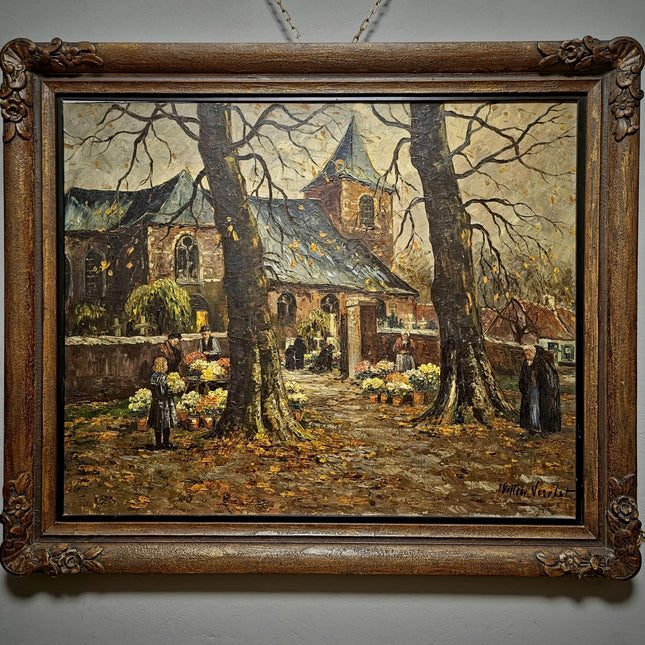 Large Antique Dutch Autumn Village Oil Painting, Rural Landscape Artwork, Signed Market Scene with Church, Original Framed European Wall Art