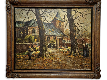 Large Antique Dutch Autumn Village Oil Painting, Rural Landscape Artwork, Signed Market Scene with Church, Original Framed European Wall Art