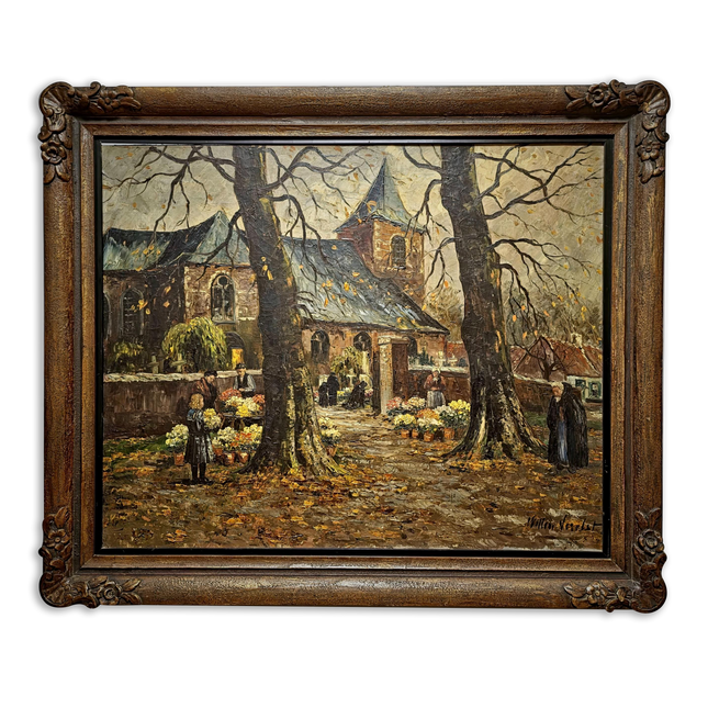 Large Antique Dutch Autumn Village Oil Painting, Rural Landscape Artwork, Signed Market Scene with Church, Original Framed European Wall Art