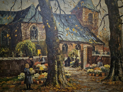Large Antique Dutch Autumn Village Oil Painting, Rural Landscape Artwork, Signed Market Scene with Church, Original Framed European Wall Art
