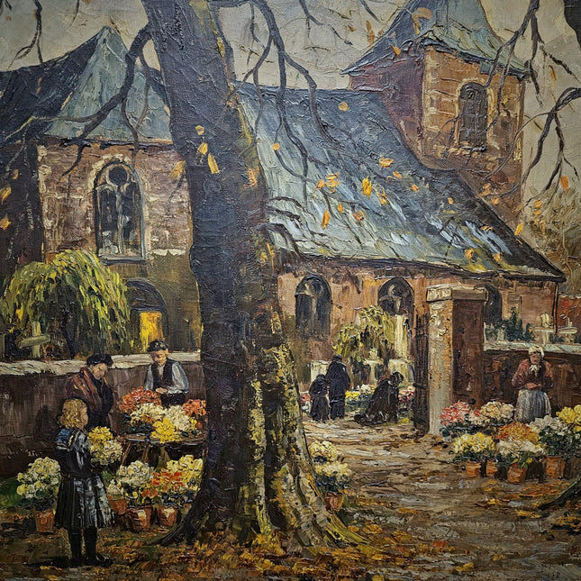 Large Antique Dutch Autumn Village Oil Painting, Rural Landscape Artwork, Signed Market Scene with Church, Original Framed European Wall Art