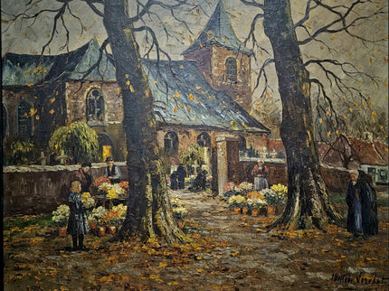 Large Antique Dutch Autumn Village Oil Painting, Rural Landscape Artwork, Signed Market Scene with Church, Original Framed European Wall Art