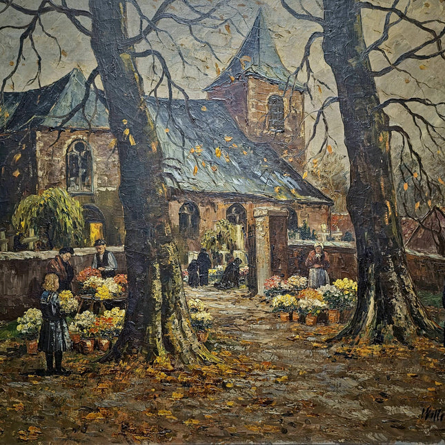 Large Antique Dutch Autumn Village Oil Painting, Rural Landscape Artwork, Signed Market Scene with Church, Original Framed European Wall Art