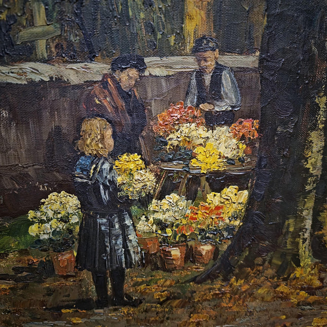 Large Antique Dutch Autumn Village Oil Painting, Rural Landscape Artwork, Signed Market Scene with Church, Original Framed European Wall Art