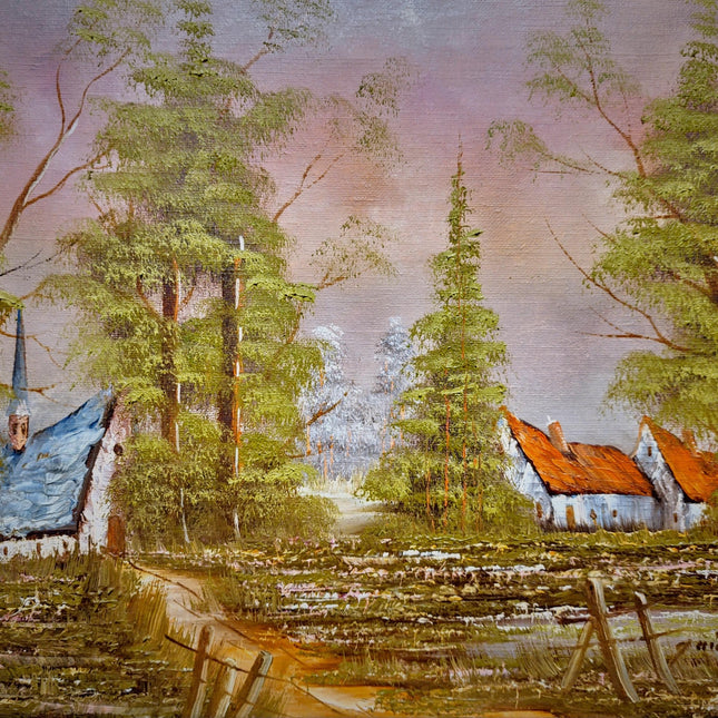 Vintage Belgian Oil Painting, Signed Woodland Landscape, Framed Rustic Wall Decor, Forest Cottage Scene, Original European Artwork