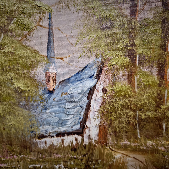 Vintage Belgian Oil Painting, Signed Woodland Landscape, Framed Rustic Wall Decor, Forest Cottage Scene, Original European Artwork