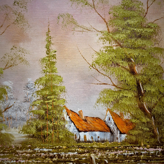 Vintage Belgian Oil Painting, Signed Woodland Landscape, Framed Rustic Wall Decor, Forest Cottage Scene, Original European Artwork