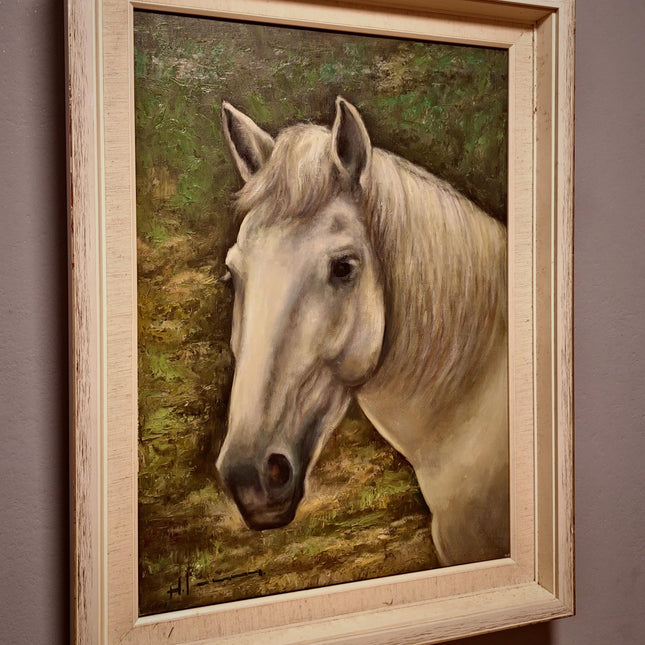 Large Vintage Animal Oil Painting of Horse Head, German Original Signed Equestrian Artwork, Framed Portrait Collectible Farmhouse Wall Decor