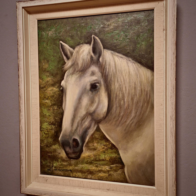 Large Vintage Animal Oil Painting of Horse Head, German Original Signed Equestrian Artwork, Framed Portrait Collectible Farmhouse Wall Decor
