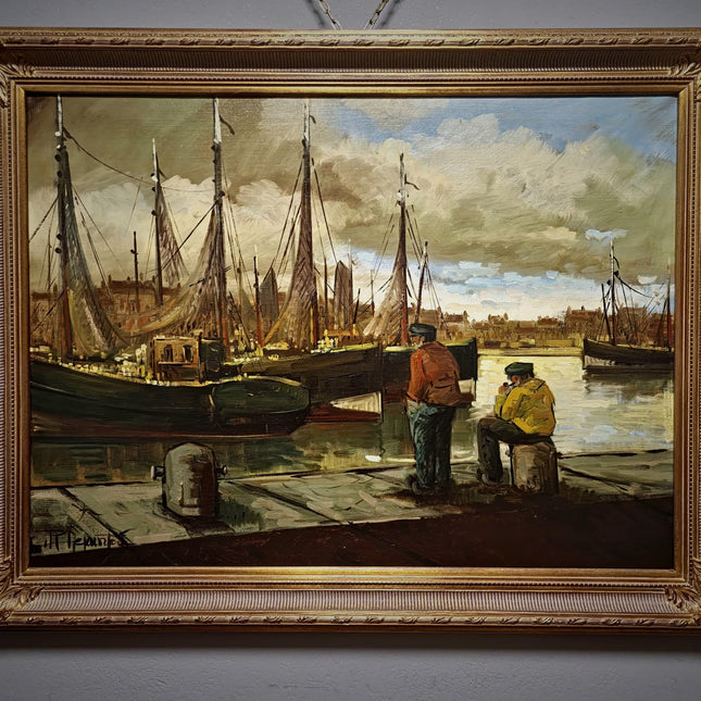Large Vintage Belgian Harbor Oil Painting, Signed Fishing Port Scene, Nautical Wall Art, Gold Framed Original European Marine Artwork
