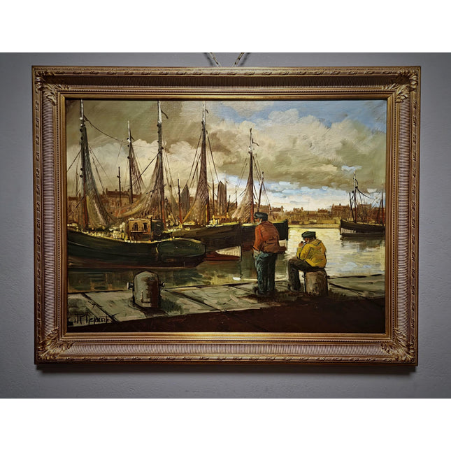 Large Vintage Belgian Harbor Oil Painting, Signed Fishing Port Scene, Nautical Wall Art, Gold Framed Original European Marine Artwork