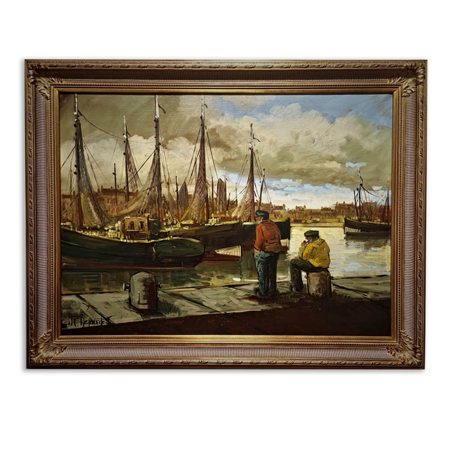 Large Vintage Belgian Harbor Oil Painting, Signed Fishing Port Scene, Nautical Wall Art, Gold Framed Original European Marine Artwork