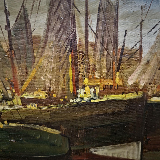 Large Vintage Belgian Harbor Oil Painting, Signed Fishing Port Scene, Nautical Wall Art, Gold Framed Original European Marine Artwork