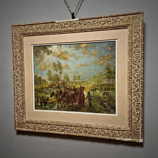 Large Vintage Belgian Landscape Oil Painting, Signed Horse & Cart Scene, Mid Century Framed Pastoral Artwork, Rustic European Wall Decor