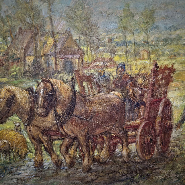 Large Vintage Belgian Landscape Oil Painting, Signed Horse & Cart Scene, Mid Century Framed Pastoral Artwork, Rustic European Wall Decor