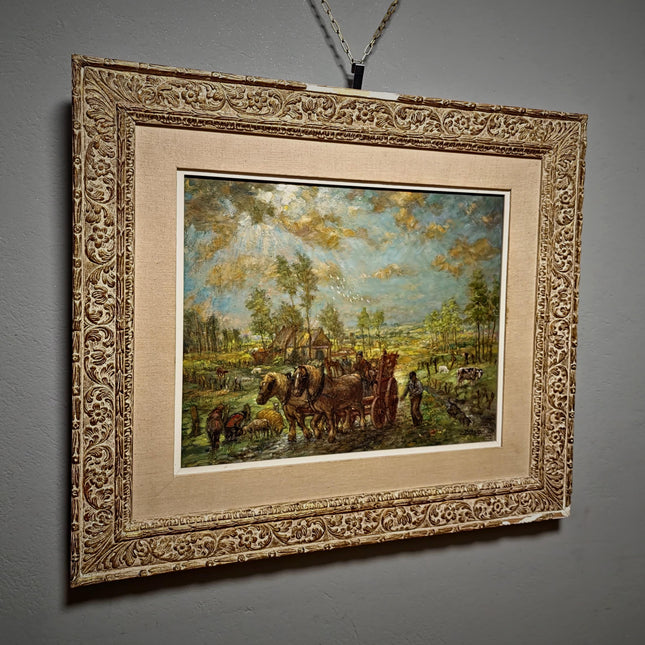 Large Vintage Belgian Landscape Oil Painting, Signed Horse & Cart Scene, Mid Century Framed Pastoral Artwork, Rustic European Wall Decor