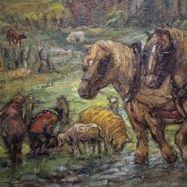 Large Vintage Belgian Landscape Oil Painting, Signed Horse & Cart Scene, Mid Century Framed Pastoral Artwork, Rustic European Wall Decor