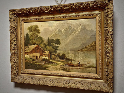 Antique French Alpine Landscape Oil Painting, Signed Mountain Lake Art, 19th Century European Chalet Scene, Gold Framed Rustic Wall Decor