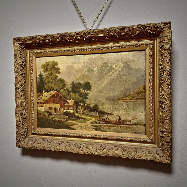 Antique French Alpine Landscape Oil Painting, Signed Mountain Lake Art, 19th Century European Chalet Scene, Gold Framed Rustic Wall Decor