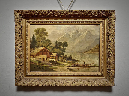 Antique French Alpine Landscape Oil Painting, Signed Mountain Lake Art, 19th Century European Chalet Scene, Gold Framed Rustic Wall Decor