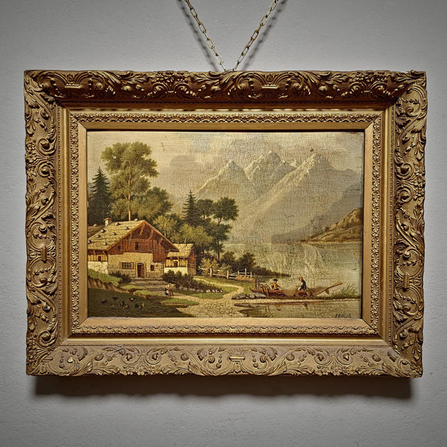 Antique French Alpine Landscape Oil Painting, Signed Mountain Lake Art, 19th Century European Chalet Scene, Gold Framed Rustic Wall Decor