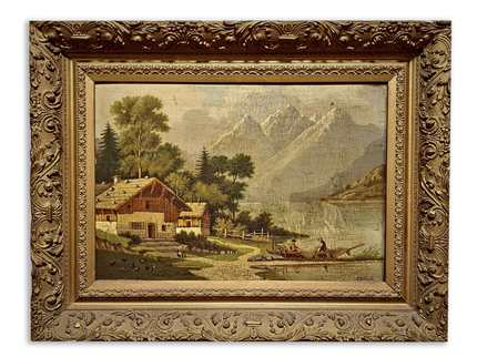 Antique French Alpine Landscape Oil Painting, Signed Mountain Lake Art, 19th Century European Chalet Scene, Gold Framed Rustic Wall Decor
