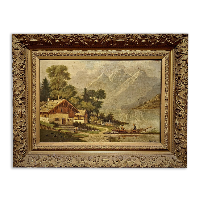 Antique French Alpine Landscape Oil Painting, Signed Mountain Lake Art, 19th Century European Chalet Scene, Gold Framed Rustic Wall Decor