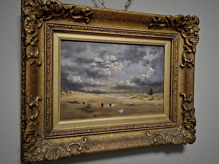 Antique Dutch Seascape Oil Painting, Dark Moody Marine Landscape, Signed Original in Gilded Frame, Nautical Wall Decor Collectible Fine Art