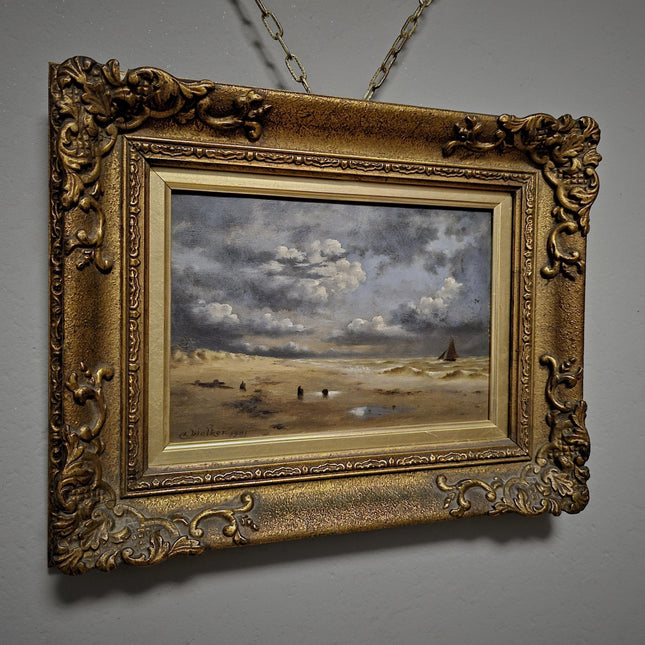 Antique Dutch Seascape Oil Painting, Dark Moody Marine Landscape, Signed Original in Gilded Frame, Nautical Wall Decor Collectible Fine Art