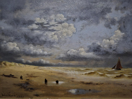 Antique Dutch Seascape Oil Painting, Dark Moody Marine Landscape, Signed Original in Gilded Frame, Nautical Wall Decor Collectible Fine Art