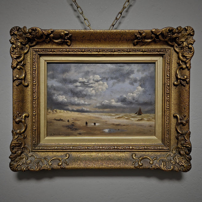 Antique Dutch Seascape Oil Painting, Dark Moody Marine Landscape, Signed Original in Gilded Frame, Nautical Wall Decor Collectible Fine Art