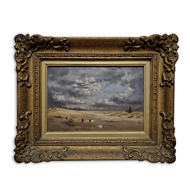 Antique Dutch Seascape Oil Painting, Dark Moody Marine Landscape, Signed Original in Gilded Frame, Nautical Wall Decor Collectible Fine Art