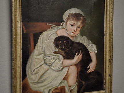 Antique 18th Century German Portrait Painting, Child with Dog Oil on Canvas, Dark Academia Wall Art, European Collectible Fine Art