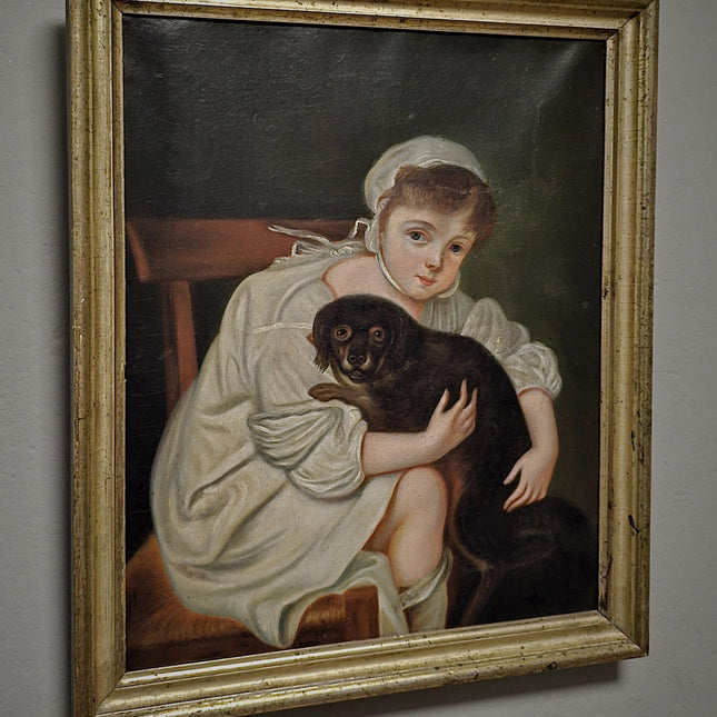Antique 18th Century German Portrait Painting, Child with Dog Oil on Canvas, Dark Academia Wall Art, European Collectible Fine Art