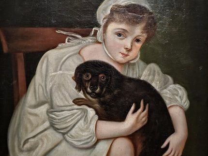 Antique 18th Century German Portrait Painting, Child with Dog Oil on Canvas, Dark Academia Wall Art, European Collectible Fine Art