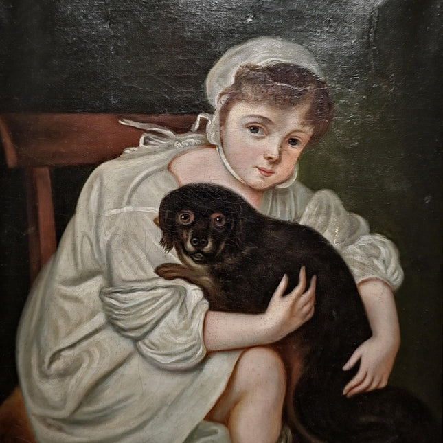 Antique 18th Century German Portrait Painting, Child with Dog Oil on Canvas, Dark Academia Wall Art, European Collectible Fine Art