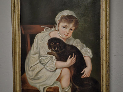 Antique 18th Century German Portrait Painting, Child with Dog Oil on Canvas, Dark Academia Wall Art, European Collectible Fine Art