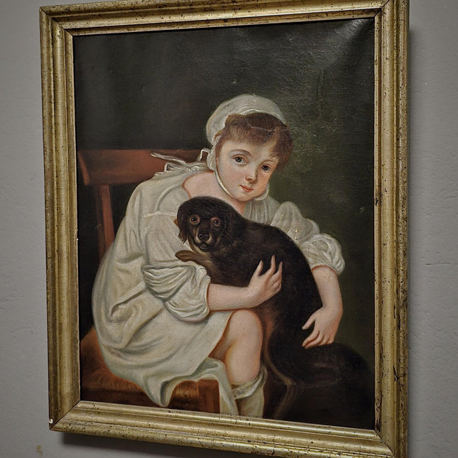 Antique 18th Century German Portrait Painting, Child with Dog Oil on Canvas, Dark Academia Wall Art, European Collectible Fine Art