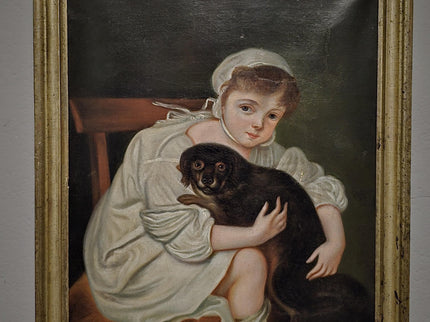 Antique 18th Century German Portrait Painting, Child with Dog Oil on Canvas, Dark Academia Wall Art, European Collectible Fine Art