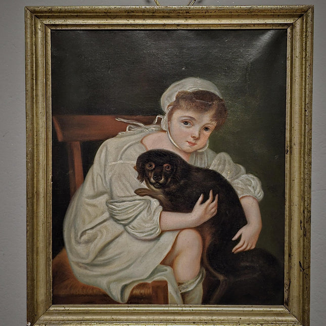 Antique 18th Century German Portrait Painting, Child with Dog Oil on Canvas, Dark Academia Wall Art, European Collectible Fine Art