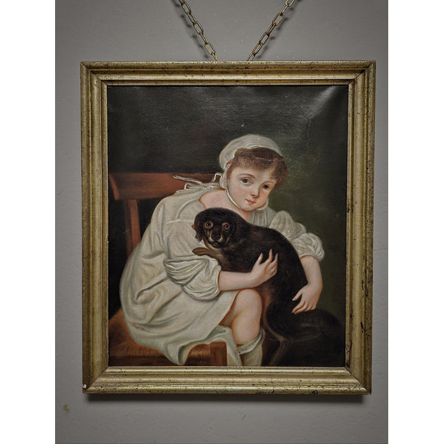 Antique 18th Century German Portrait Painting, Child with Dog Oil on Canvas, Dark Academia Wall Art, European Collectible Fine Art