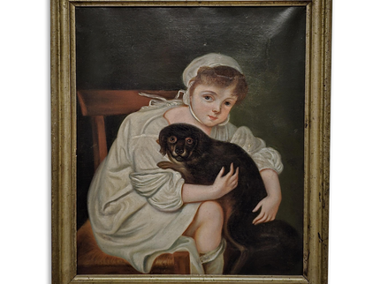 Antique 18th Century German Portrait Painting, Child with Dog Oil on Canvas, Dark Academia Wall Art, European Collectible Fine Art
