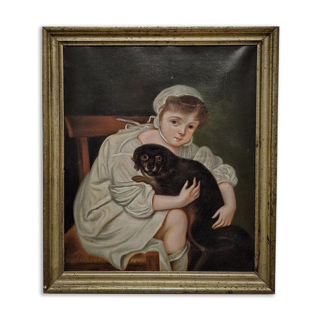 Antique 18th Century German Portrait Painting, Child with Dog Oil on Canvas, Dark Academia Wall Art, European Collectible Fine Art
